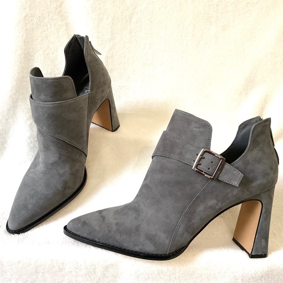 Gray Suede Sculpted Block Heel Booties | Pointed Toe | Buckle Detail Sz 10M - Picture 1 of 16
